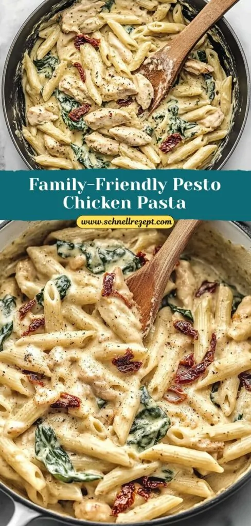 Pesto chicken pasta creamy loaded with spinach and sun-dried tomatoes