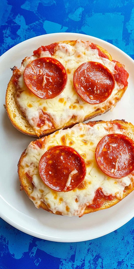 two homemade pepperoni French bread pizzas on a white plate, featuring golden toasted bread topped with melted mozzarella cheese, marinara sauce, and large slices of pepperoni