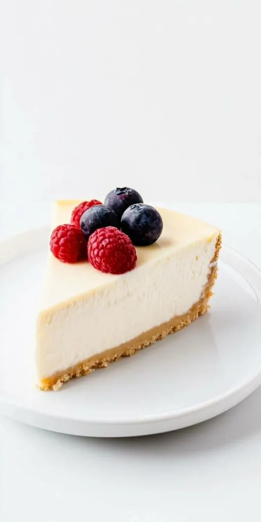 Slice of creamy cheesecake with a golden crust, topped with fresh raspberries, blueberries, and a drizzle of vibrant red berry sauce on a white plate. A delicious and visually appealing dessert.