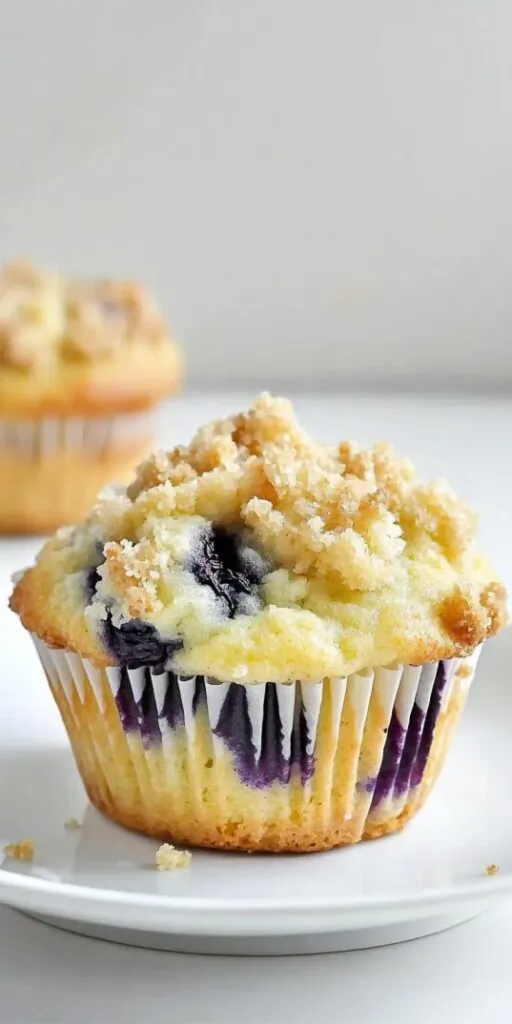 freshly baked blueberry muffin topped with golden brown crumb streusel, showcasing juicy blueberries bursting through the moist vanilla cake, with crumbs and fresh blueberries scattered around for a homemade