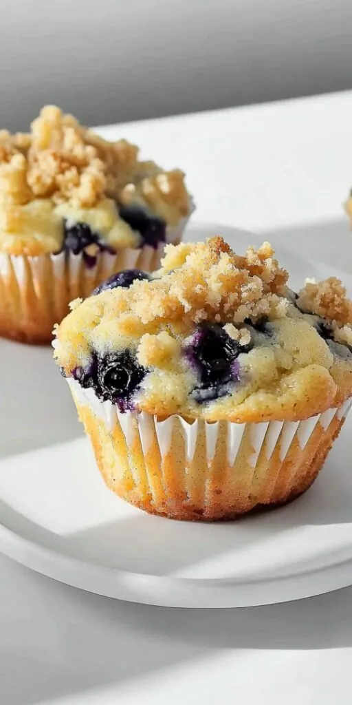 Close-up of a freshly baked blueberry muffin topped with golden brown crumb streusel, showcasing juicy blueberries bursting through the moist vanilla cake.