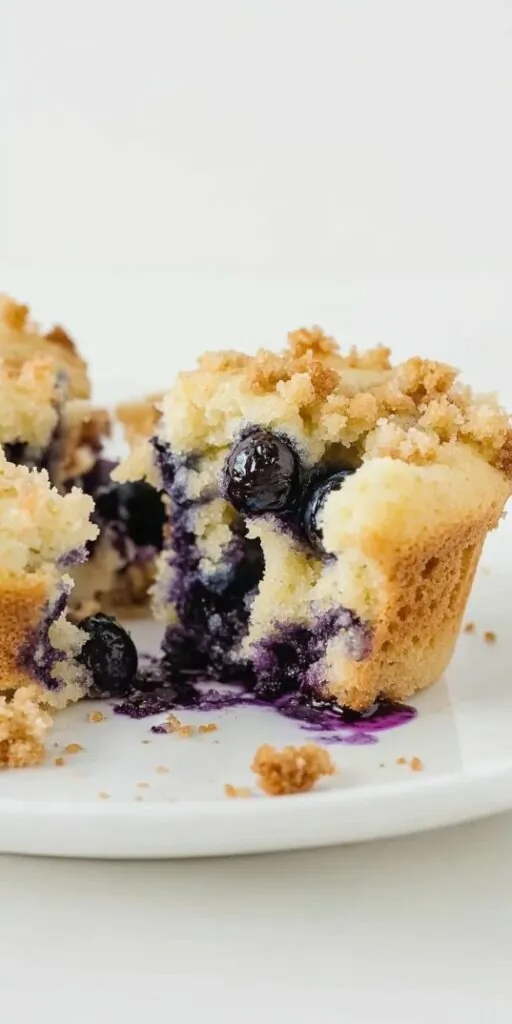 Partially eaten blueberry muffin with a crumb topping, revealing a moist, fluffy interior filled with whole baked blueberries