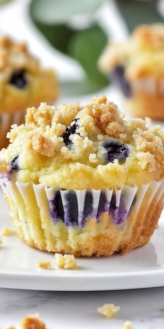 Close-up of a freshly baked blueberry muffin topped with golden brown crumb streusel, showcasing juicy blueberries bursting through the moist vanilla cake