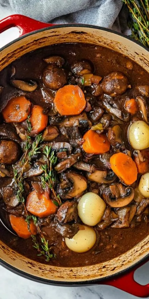 Hearty vegetable bourguignon in a red Dutch oven, featuring tender carrots, mushrooms, pearl onions, and herbs in a rich red wine sauce. Fresh thyme and bay leaves add depth to this savory, slow-cooked dish. A bowl of creamy mashed potatoes sits nearby, ready to be served.
