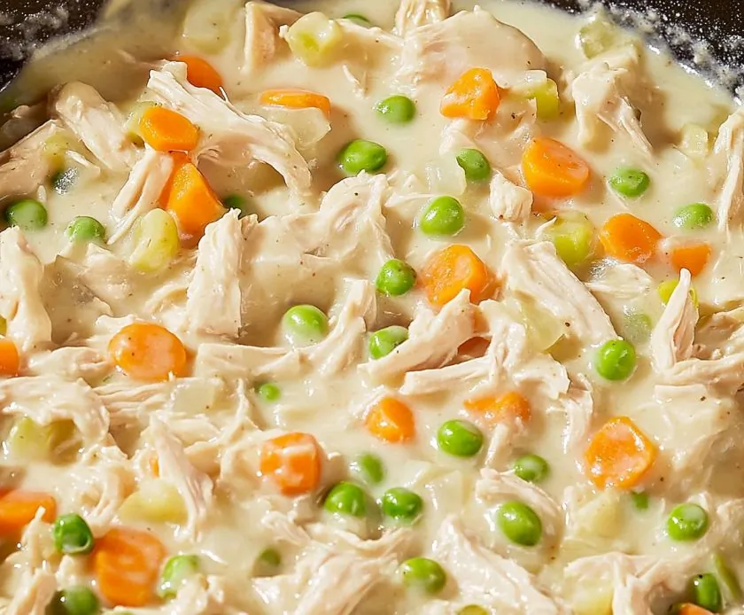 creamy, thick mixture featuring visible chunks of shredded chicken, diced carrots, green peas, and small bits of what appears to be softened celery and onion, all thoroughly coated in a glossy, beige-white sauce.