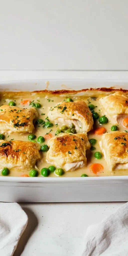 creamy chicken pot pie casserole in a rectangular baking dish, filled with chunks of chicken, carrots, peas, and a rich savory sauce
