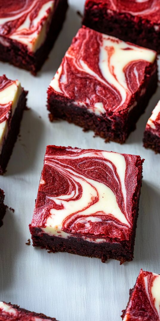 Red velvet cheesecake swirl brownies cut into squares on a dark baking sheet, showcasing a vibrant marbled pattern of deep red velvet and creamy cheesecake layers