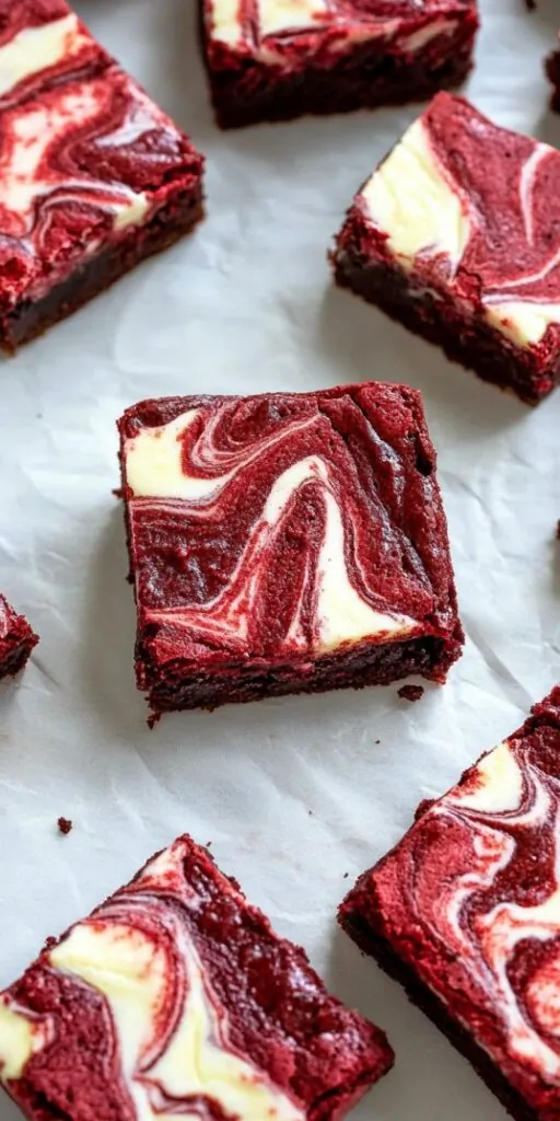 Red velvet cheesecake swirl brownies cut into squares on a dark baking sheet, showcasing a vibrant marbled pattern of deep red velvet and creamy cheesecake layers.